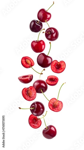 Fresh cherries in mid-air