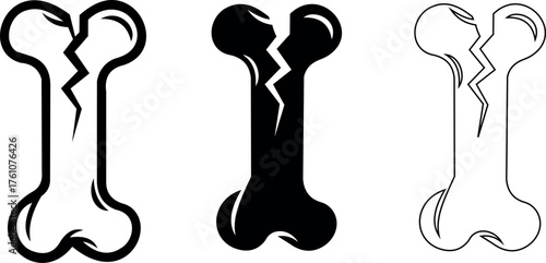 Three cracked dog bones, one in outline, one solid black, and one in dashed outline, isolated on white background
