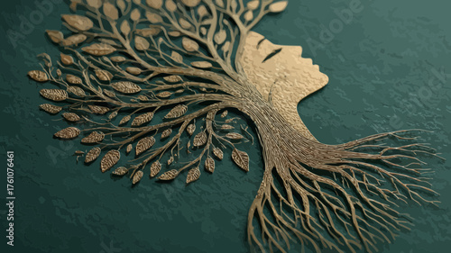 Golden female profile merging with tree branches and roots on dark green background, symbolizing nature, growth, and connection