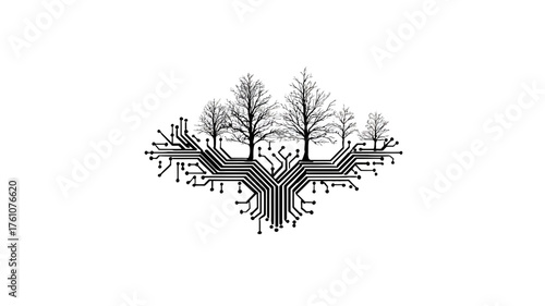 Abstract illustration of trees growing from a complex circuit board, representing the fusion of nature and technology, sustainable innovation.