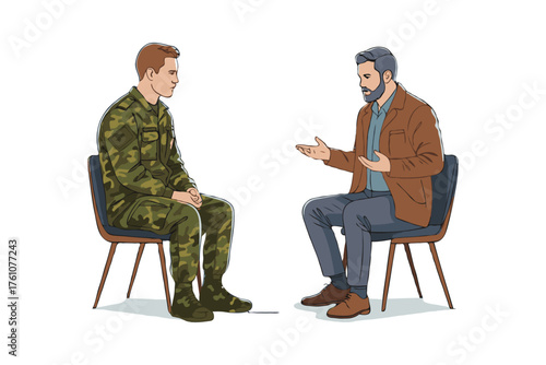 Military man in uniform and civilian man talking seriously while seated on chairs, flat graphic style, white background, concept of therapy and counseling