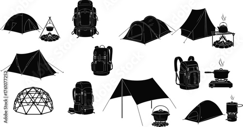 Camping gear silhouette, tent, backpack, campfire, stove, kettle, outdoor cooking, dome shelter, hiking equipment, wilderness tools, black icons, vector