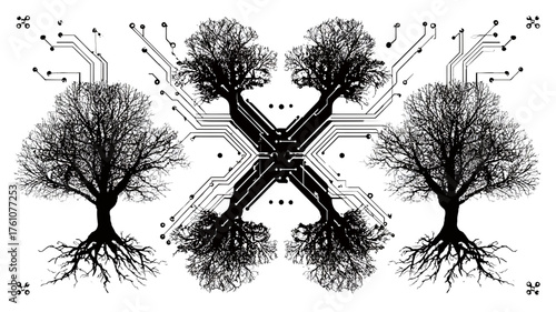 Conceptual illustration: digital trees with intricate circuit board branches and roots, symbolizing technology, nature, growth, and interconnected systems.