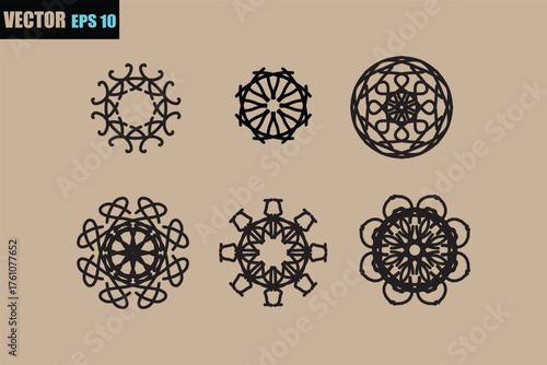 Collection of six intricate circular black ornamental designs on a neutral background showcasing geometric patterns and floral motifs for graphic design