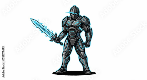 Futuristic armored warrior holding glowing sword, ready for battle and epic adventure, perfect for gaming or sci-fi projects needing a powerful hero