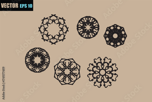 Intricate black geometric mandala designs on a textured beige background offering a sense of symmetry and artistic detail