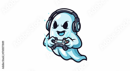 Funny cartoon ghost wearing headphones and intensely playing video games, perfect for gamer merchandise, streaming overlays, or Halloween themed content
