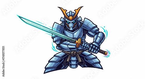 Futuristic samurai warrior with glowing sword ready for battle in dynamic pose, perfect for gaming, fantasy, and action themes with a modern twist