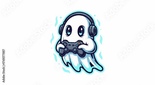 Adorable cartoon ghost gamer with headphones playing video games, perfect for gaming blogs, esports teams, and Halloween promotions this spooky season