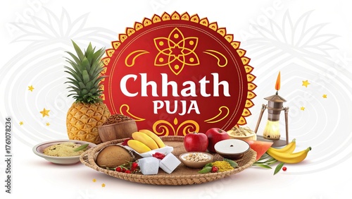 Chhath Puja traditional offering plate containing fruits, sweets, and diya.