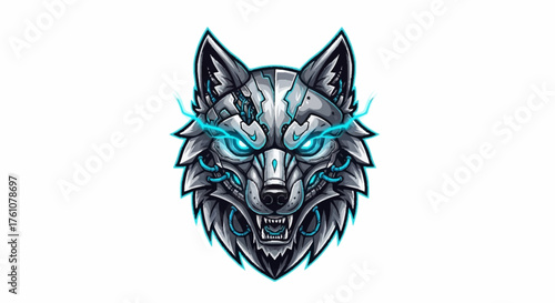 Futuristic robotic wolf with glowing blue eyes and electric energy, a fierce mascot logo that embodies innovation and power for esports and gaming brands