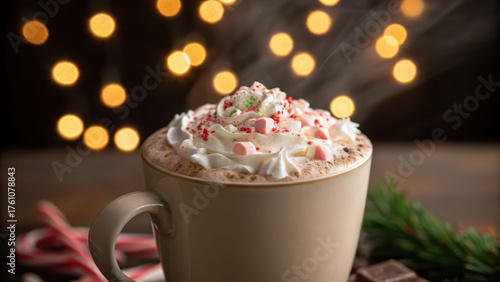 Hot chocolate peppermint latte mug with whipped cream steam cozy winter dessert mood