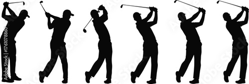 Golf swing silhouette, athlete motion sequence, sports training posture, dynamic movement, black figure, impact moment, follow-through, professional technique, isolated white background