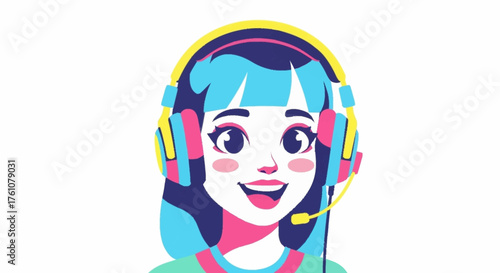 Vibrant cartoon of a cheerful customer service agent with blue hair wearing headphones, perfect for illustrating friendly online support and communication concepts