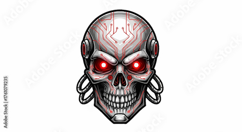 Cyberpunk skull with glowing red eyes, a futuristic emblem for gaming, technology, or dark fantasy projects, radiating intensity and digital dread