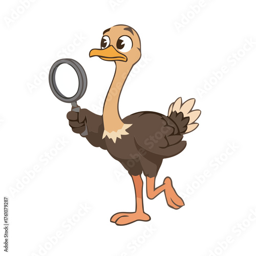 Cartoon ostrich holding magnifying glass while walking actively