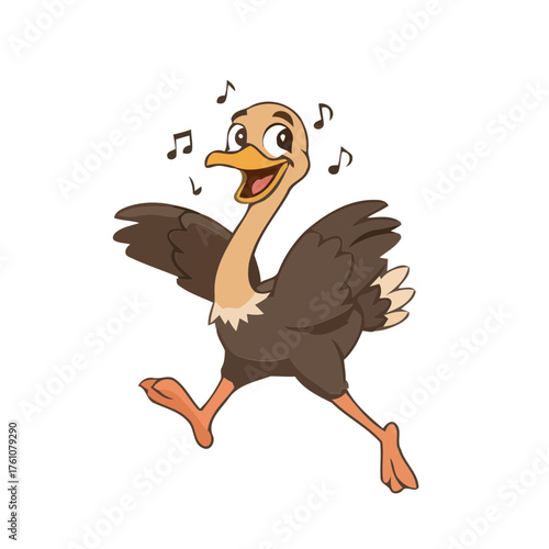Happy cartoon ostrich singing and dancing with musical notes