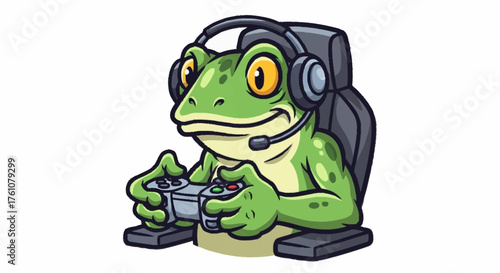 Cartoon frog gamer intensely playing video games with headset and controller in gaming chair, perfect for fun, kids, or gaming content creation