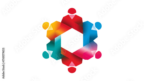Abstract colorful icon of diverse people connecting in a circular formation, symbolizing teamwork, unity, community, and global collaboration.
