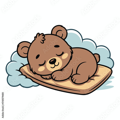 Adorable cartoon brown bear cub peacefully sleeping on a soft pillow with fluffy clouds in the background