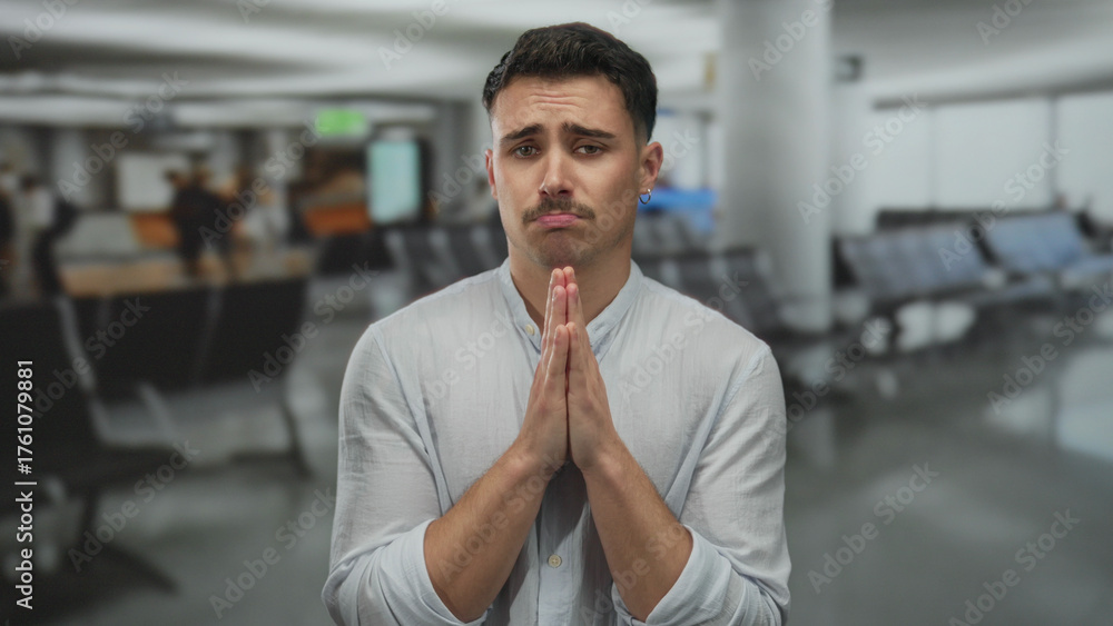 Naklejka premium Hispanic man pleading inside busy airport with blurred background conveying travel urgency and anticipation