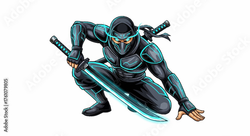 Cyberpunk ninja warrior poised for action with glowing katana swords, perfect for gaming, animation, or futuristic concept design projects