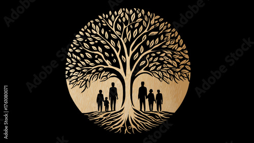 Golden Tree of Life with Family Silhouettes, symbolizing growth, connection, heritage, and unity on a black background