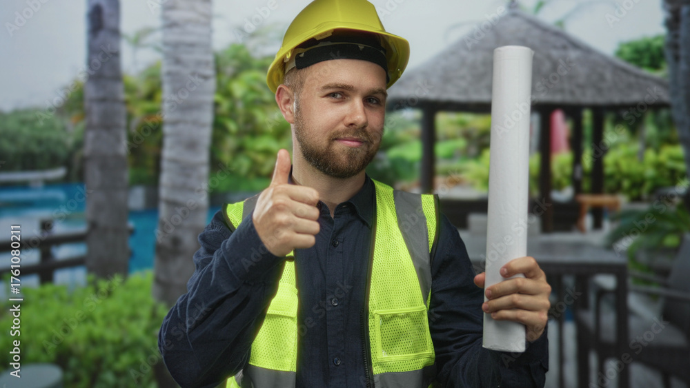Fototapeta premium Man construction worker wearing yellow hardhat and high vis vest holding a rolled blueprint and giving thumbs up at building; confidence safety.