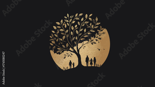 Stylized golden tree of life with family silhouettes nestled under its branches, symbolizing growth, connection, and harmony within nature.