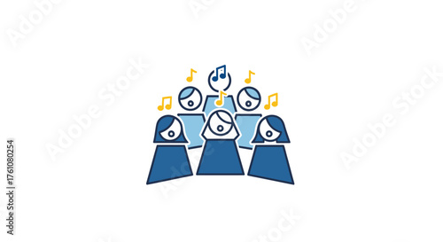 Stylized blue choir singing musical notes icon illustration.
