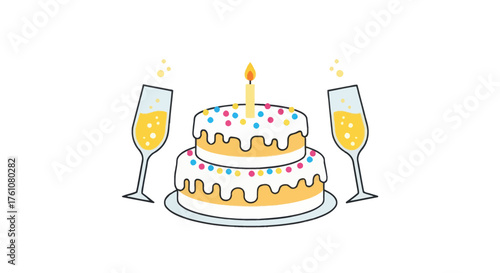 A festive two-tiered birthday cake with a lit candle and two toasting champagne glasses.