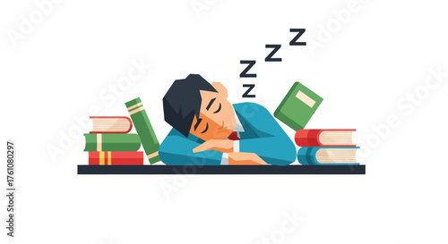Exhausted Student Sleeping on Books with Zzz Symbols.