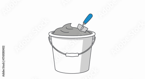 Construction Bucket with Grey Mortar and Blue Trowel Illustration.