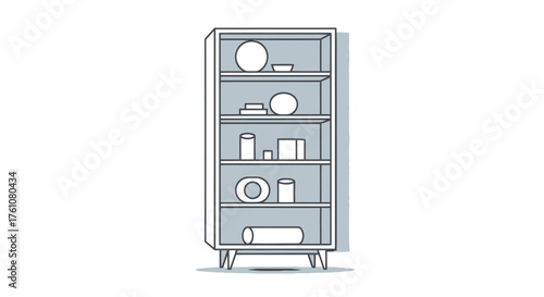 Modern mid-century display cabinet with shelves a minimalist line art illustration.