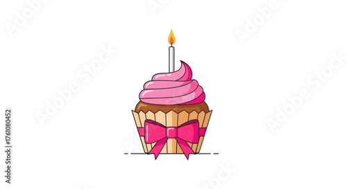 A cute cartoon birthday cupcake with swirled pink frosting a single lit candle and a decorative bow.