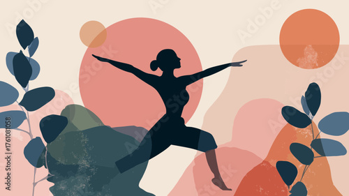 Wellness illustration: Woman silhouette in yoga warrior pose, abstract background with earthy tones and organic shapes, symbolizing peace and balance.