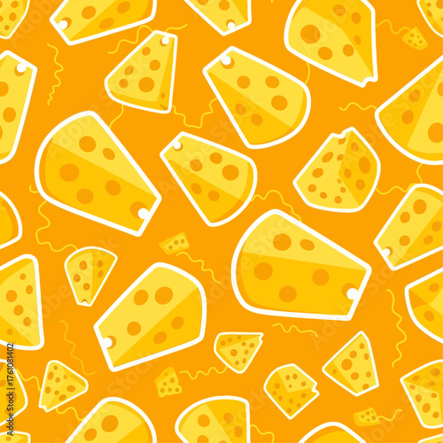 Seamless vector pattern of cartoon Swiss cheese wedges on an orange background. Playful food illustration for dairy or snack themed designs