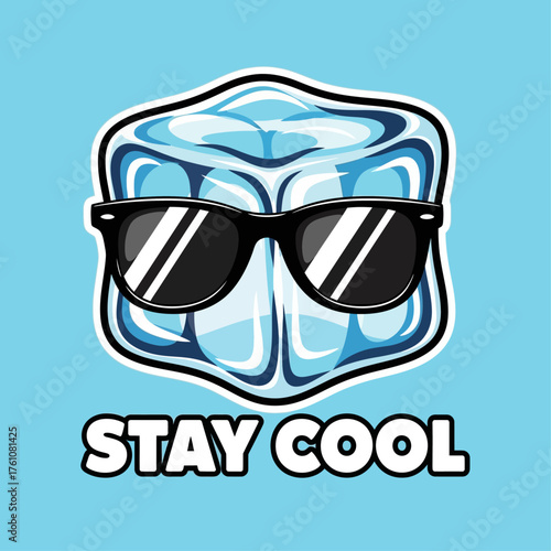 Creative vector illustration of a cartoon ice cube mascot wearing cool sunglasses with a 'Stay Cool' slogan, perfect for summer themes and stickers
