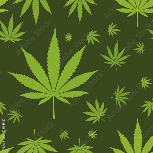 A seamless vector pattern of green cannabis sativa leaves scattered on a dark green background for textile or wallpaper design
