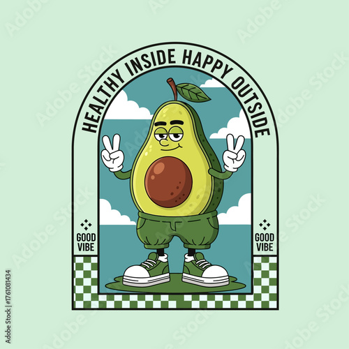 A retro cartoon vector illustration of a happy avocado character with a peace sign, embodying a healthy and positive good vibe lifestyle concept