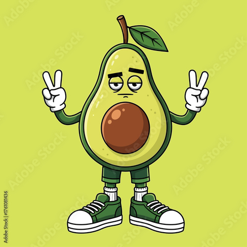 Funny cartoon avocado character with a bored expression making a peace sign gesture. A cool fruit mascot wearing sneakers vector illustration