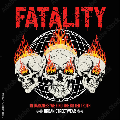 Vector graphic of three skulls engulfed in flames against a gridded sphere, embodying a dark and edgy urban streetwear style