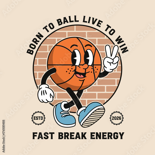 A retro cartoon basketball character mascot with a smiling face and peace sign, set against a brick wall. An illustration with vintage sports energy