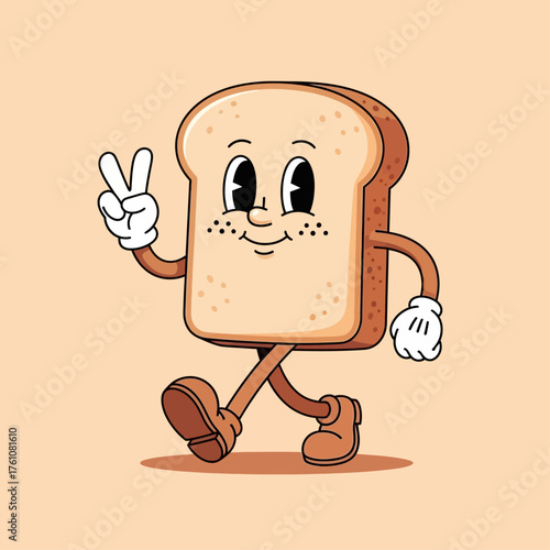 A cheerful walking slice of bread character in a retro cartoon mascot style making a peace sign gesture