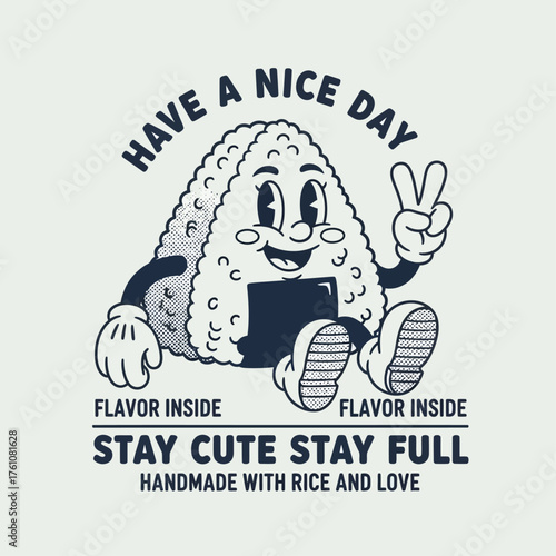 A cute vintage cartoon onigiri mascot giving a peace sign. A retro Japanese food character with a positive slogan, isolated on a light background
