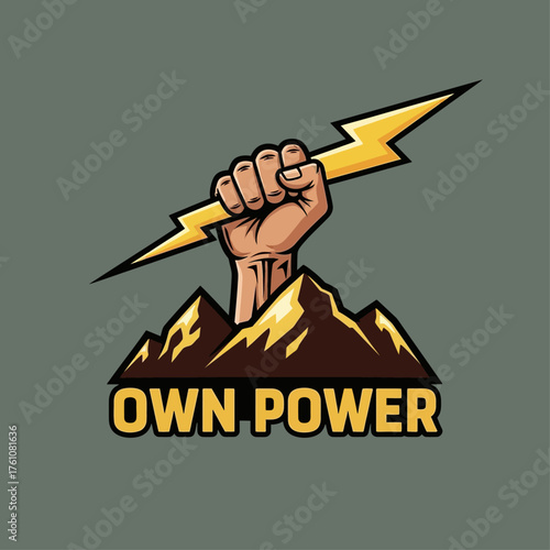 Inspirational graphic design of a hand clutching a lightning bolt, a vector emblem for power, energy, and determination
