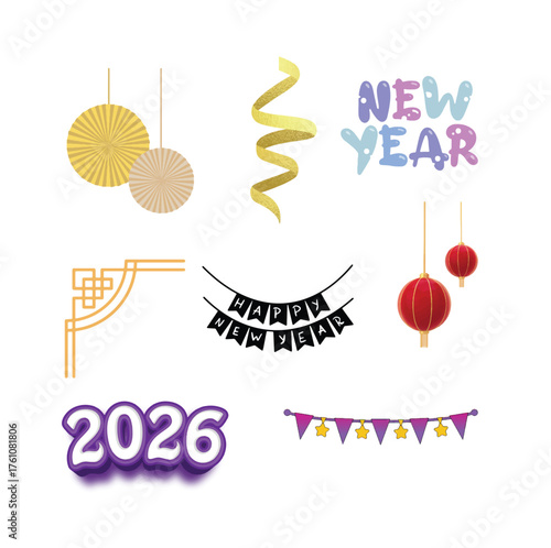 Minimalist 2026 New Year Outline and Party Element Vector Set. A minimal black outline design of the year "2026," a party popper, a firework illustration.