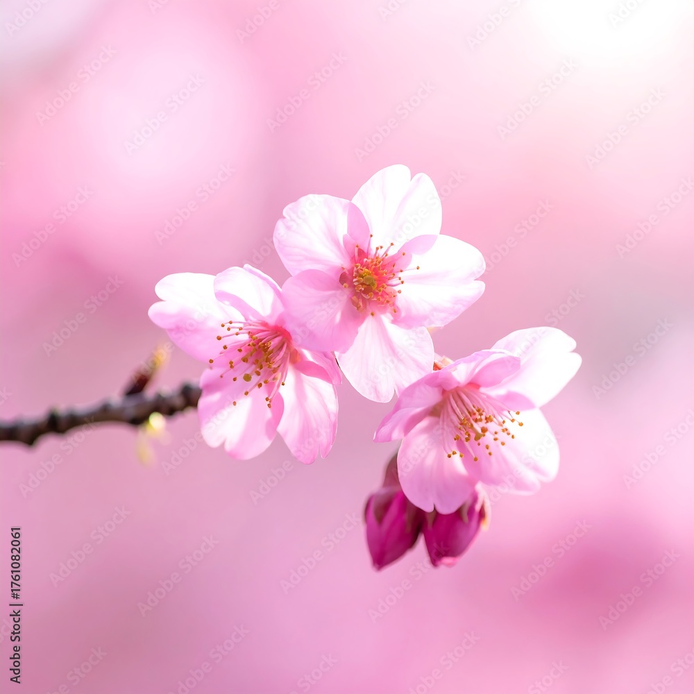 Fototapeta premium Pink Cherry blossoms blooming on a branch, soft focus background