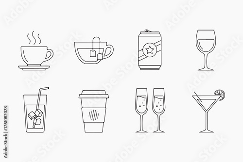 Hand drawn doodle vector icon set, beverages elements, coffee, tea, soda, wine, juice, cocktail, champagne