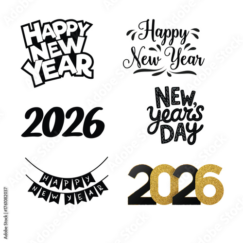New Year 2026 Black and White Typography and Lettering Set. Vector Illustration.